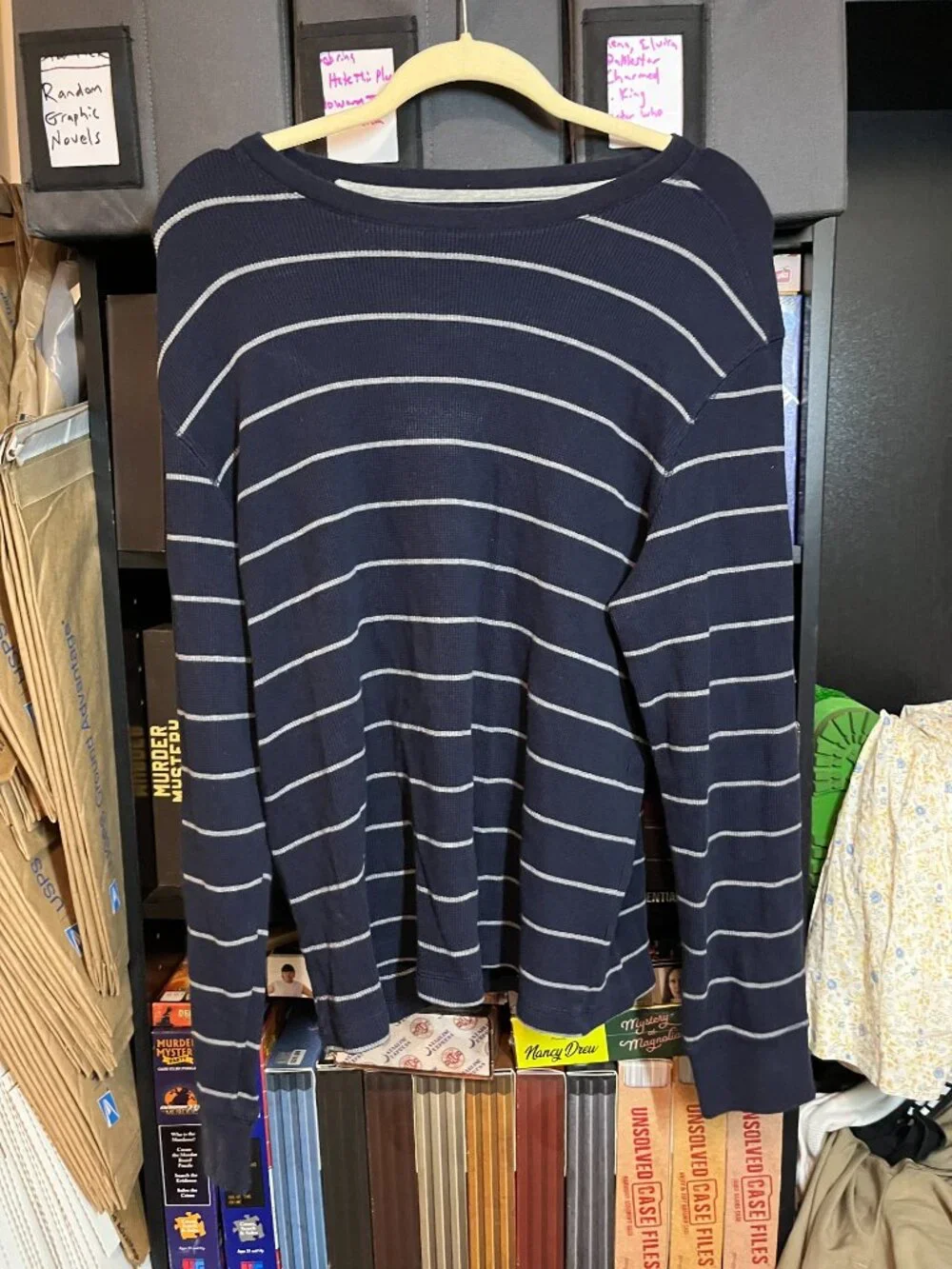 Banana Republic Navy & Gray Striped Waffle Knit Long Sleeve Top - Size Large